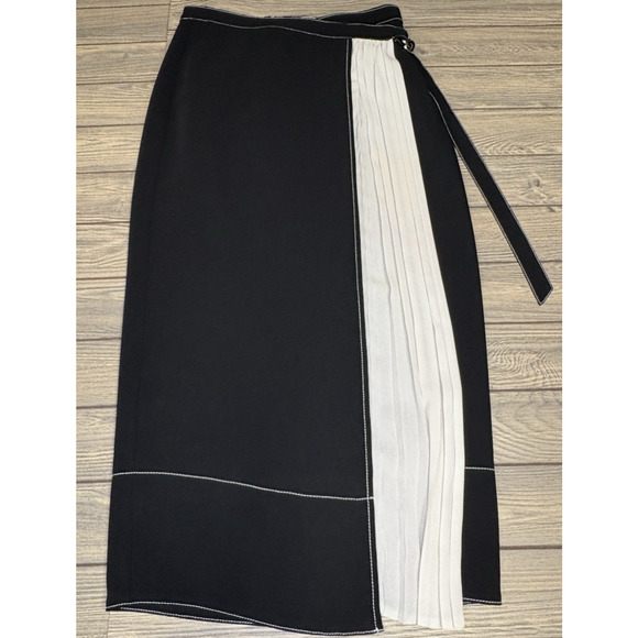 Cinq a` Sept Womens Gaia Pleated Wrap Skirt Size 2 Black White Back Zip Formal - Picture 1 of 7